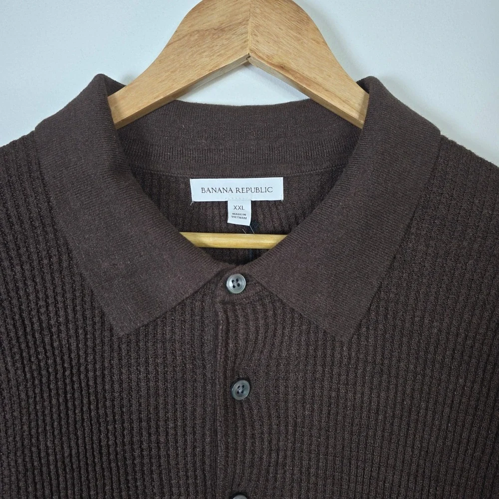 Banana Republic Mens XXL Brown Linen Cotton Ribbed Knit Polo Shirt Old Money